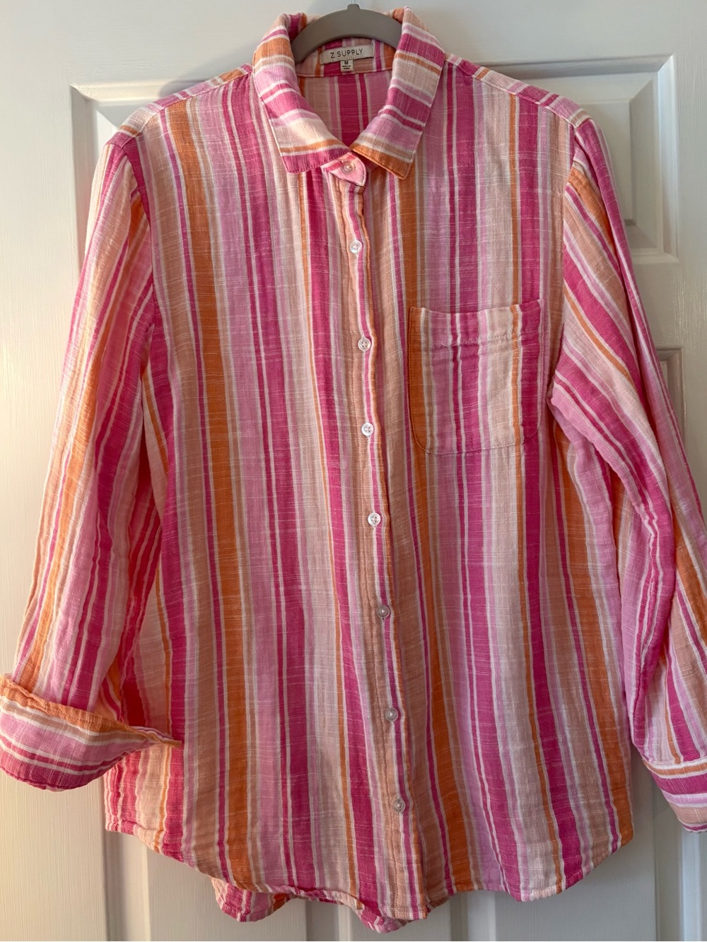 Z Supply Pink, Orange & White Striped Button-Down Shirt like new